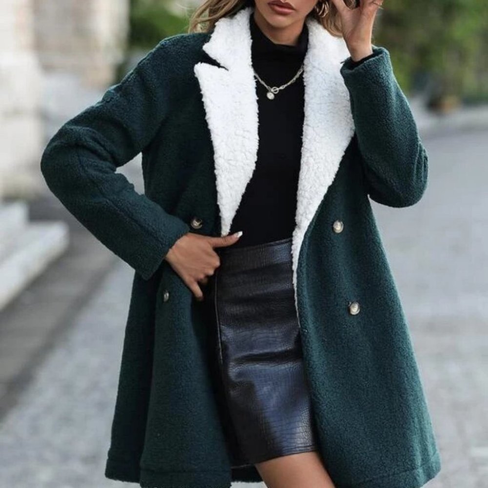 Teddy Lined Lapel Collar Double Breasted Coat fall winter green - Picture 2 of 8